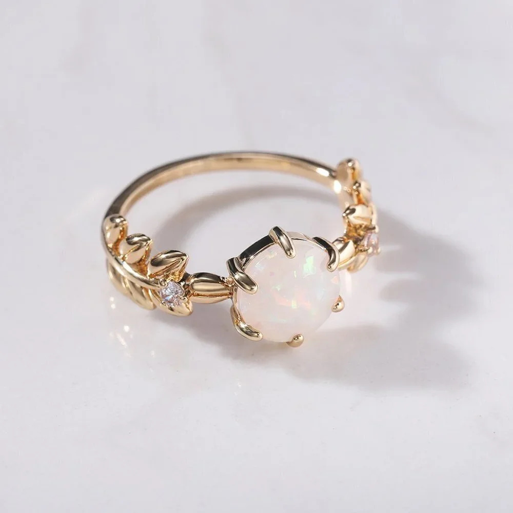 "Dainty Opal CZ Gold Plated Beautiful Fashion Leaf Trendy Ring Women, UN…